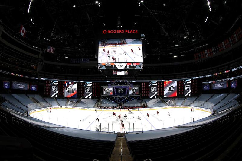 Action from the exhibition game between the Edmonton Oilers and the Calgary Flames prior to the 2020 NHL Stanley Cup Play-offs at Rogers Place in Edmonton, on Tuesday, July 28. USA TODAY Sports