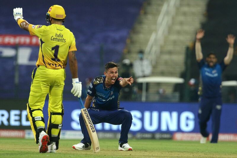 Trent Boult of Mumbai Indians appeals successfully to get the wicket of Shane Watson of Chennai Superkings during match 1 of season 13 of the Dream 11 Indian Premier League (IPL) between the Mumbai Indians and the Chennai Superkings held at the Sheikh Zayed Stadium, Abu Dhabi in the United Arab Emirates on the 19th September 2020.  Photo by: Vipin Pawar  / Sportzpics for BCCI