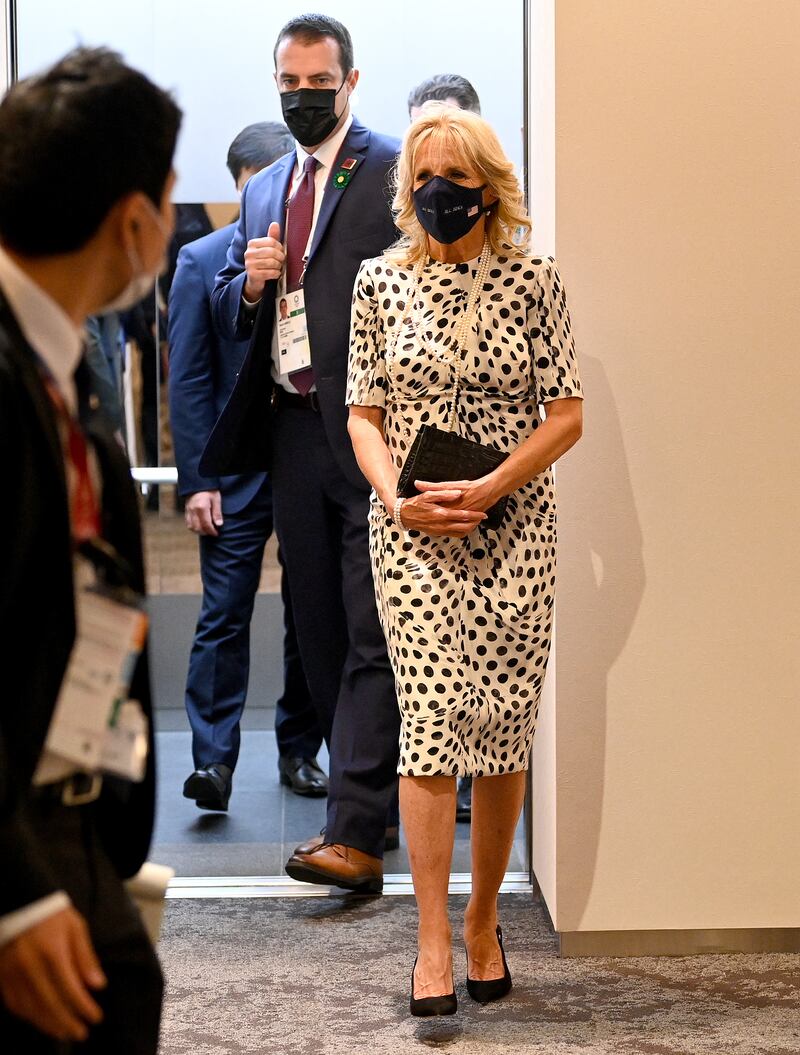 Jill Biden rewears a monochrome polka dot Brandon Maxwell dress prior to the opening ceremony of the Tokyo 2020 Olympic Games on July 23, 2021 in Japan. Getty Images