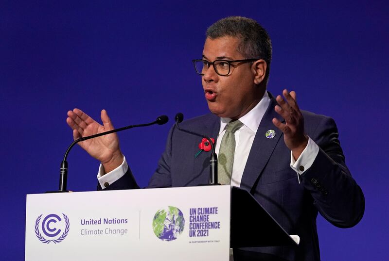 Alok Sharma, president of Cop26, makes his point. AP Photo