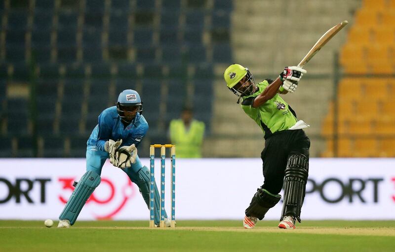 ABU DHABI , UNITED ARAB EMIRATES, October 06 , 2018 :- Mohammad Faizan of Lahore Qalanders playing a shot during the Final of Abu Dhabi T20 cricket match between Lahore Qalanders vs Multiply Titans held at Zayed Cricket Stadium in Abu Dhabi. ( Pawan Singh / The National )  For Sports/News/Instagram/Online. Story by Amith