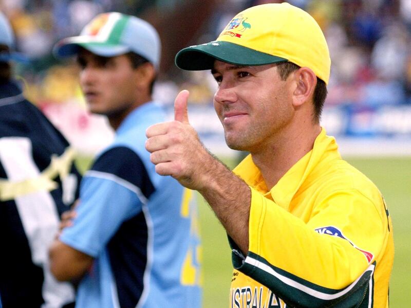 Australian captain Ricky Ponting gives the thumbs up as the Indian captain Sourav Ganguly (L) looks on after Australia won the final of the ICC Cricket World Cup played at the Wanderers Stadium in Johannesburg 23 March 2003.  Batting first, Australia scored 359-2 from their 50 overs, their highest ever one-day total and then dismissed India for 234 to win by 125 runs.  AFP PHOTO/William WEST (Photo by WILLIAM WEST / AFP)