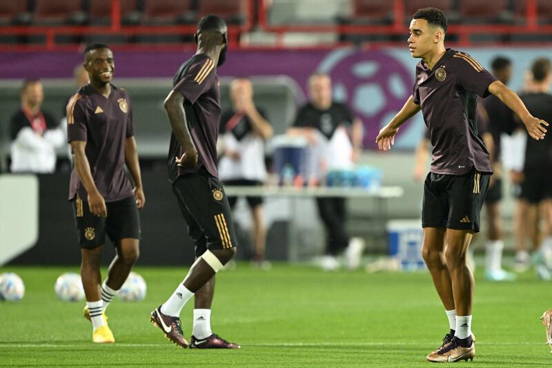 Jamal Musiala takes part in a training session at Al Shamal Stadium. AFP