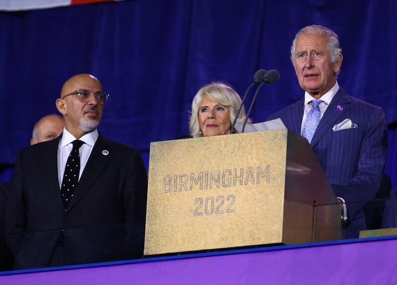 Chancellor of the Exchequer Nadhim Zahawi, Britain's Prince Charles and Camilla, Duchess of Cornwall, during the opening ceremony. Reuters