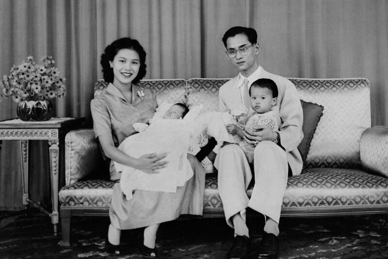 In this file photo taken in June 1955, Thailand's King Bhumibol and Queen Sirikit pose with their children Princess Sirindhorn  and Crown Prince Maha Vajiralongkorn.  AFP