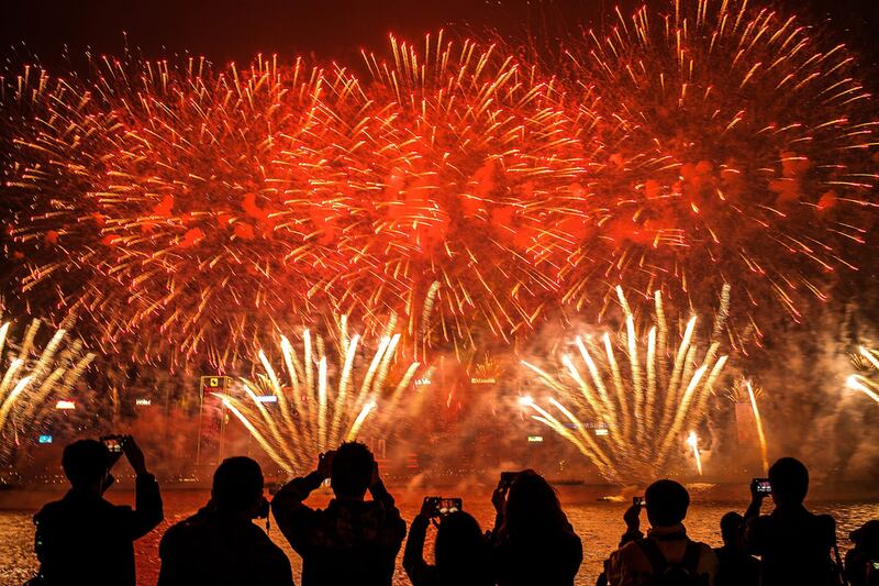 Fireworks illuminate the city’s skyline during BOCHK Hong Kong New Year countdown celebrations. Lam Yik Fei / Getty Images