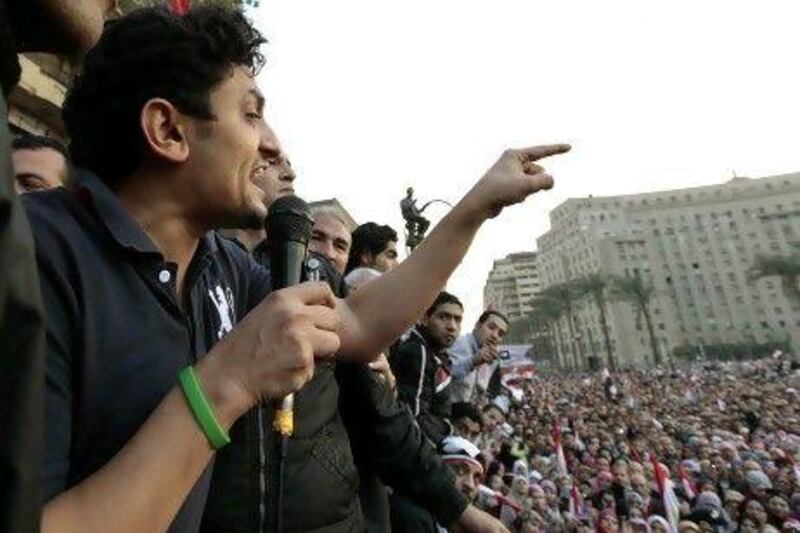 Wael Ghonim addresses a crowd inside Tahrir Square in Cairo in February. Reuters