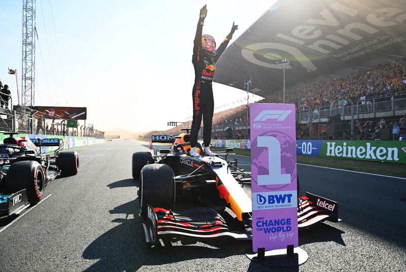 Red Bull driver Max Verstappen celebrates after winning the Dutch Grand Prix at Circuit Zandvoort on Sunday, September 5. Getty