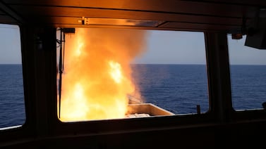 A UK warship launches a projectile to shoot down a missile fired by the Houthis on Wednesday, April 24. AP
