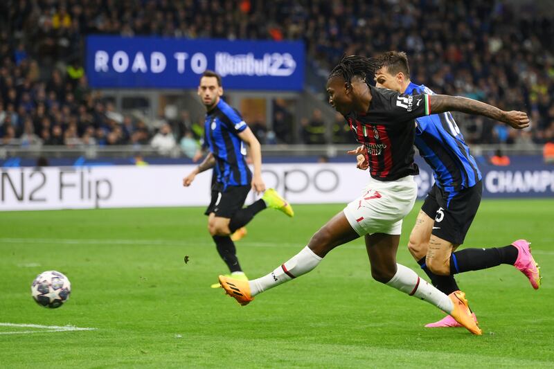 Rafael Leao of AC Milan shoots narrowly wide against Inter Milan. Getty Images