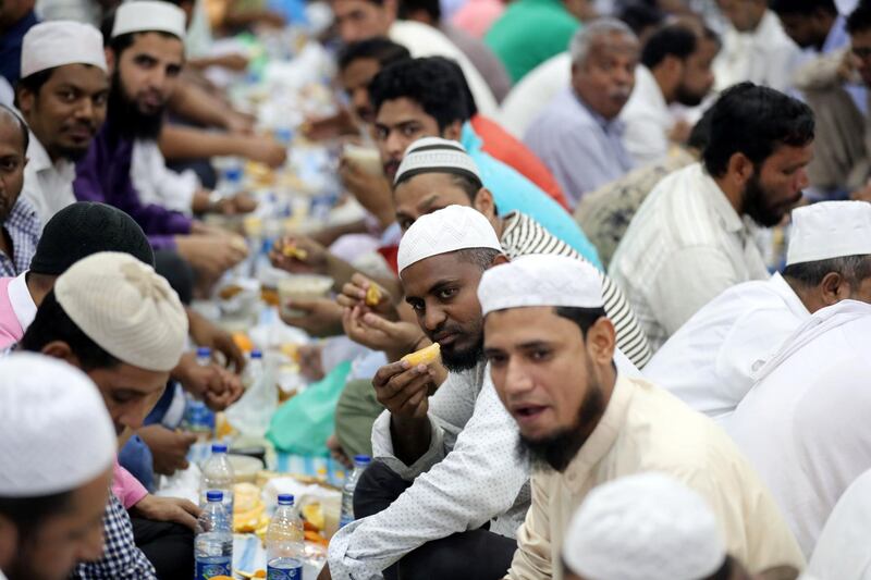 Dubai, United Arab Emirates - May 16, 2019: People break their fast. Mosque series for Ramdan. Lootah Masjid Mosque is an old mosque in Deira. Thursday the 16th of May 2019. Deira, Dubai. Chris Whiteoak / The National