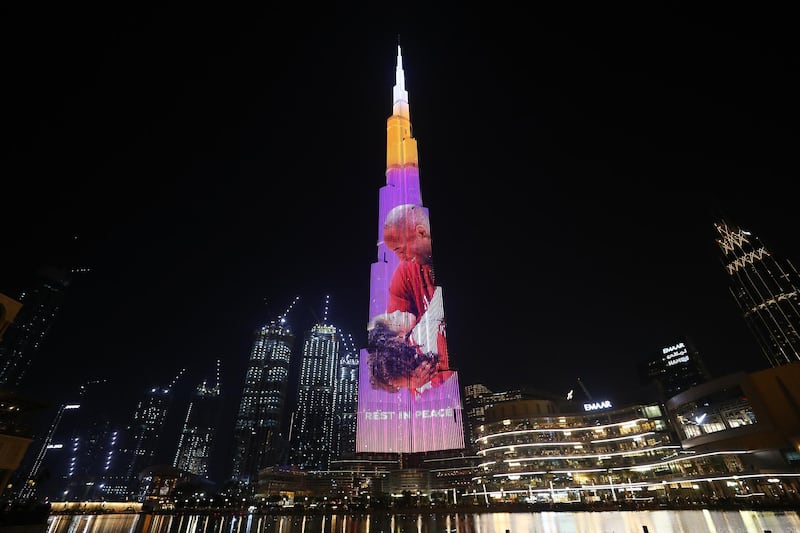 DUBAI, UAE - 2 FEBRUARY 2020: A tribute to NBA star Kobe Bryant is seen on the Burj Khalifa on February 2, 2020 in Dubai, UAE. Last month, the world tragically lost an icon. Kobe Bryant, his daughter Gianna, and seven others were on their way to the Mamba Sports Academy when the helicopter transporting them crashed. To pay tribute, Ahmed Bin Sulayem, has arranged for an image of Kobe Bryant and his daughter, Gianna, to appear on the tallest building in the world, Burj Khalifa. The prominent Emirati businessman hosted the NBA legend in Dubai in September 2013 during his first visit to the United Arab Emirates (UAE). Commenting on the incident, Bin Sulayem said "My deepest condolences to Vanessa Bryant, and the family of Kobe Bryant. Number 24 will forever be with us. Here is to my greatest of all time." (Photo by Francois Nel/Getty Images for Ahmed Bin Sulayem)
