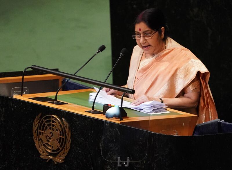 India's Foreign Minister Sushma Swaraj addresses the 73rd United Nations General Assembly on September 29, 2018, at the United Nations in New York.  / AFP / Don EMMERT
