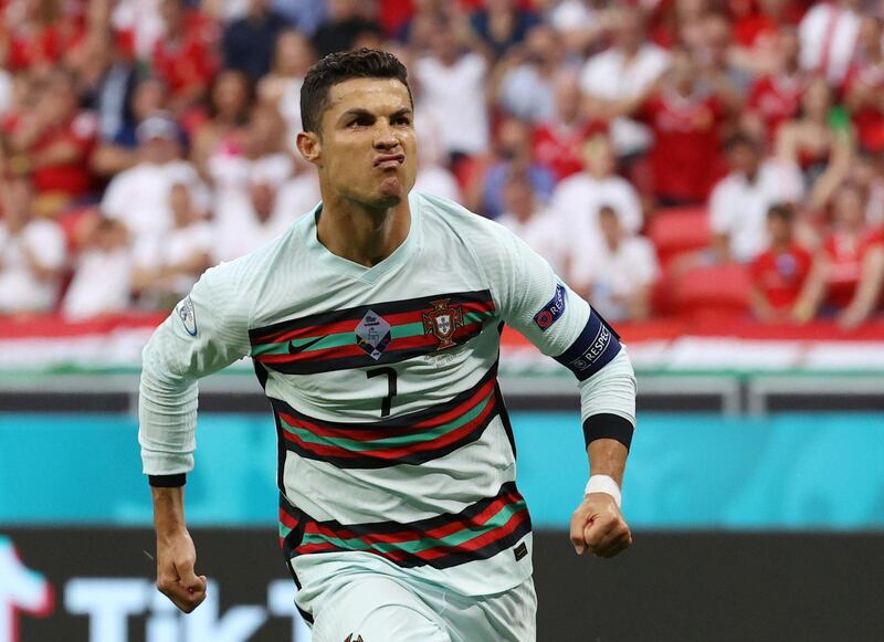 Cristiano Ronaldo celebrates scoring Portugal's second goal in their 3-0 Euro 2020 victory over Hungary at the Puskas Arena in Budapest on Tuesday, June 15. Reuters