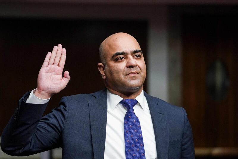 Zahid Quraishi, nominated by US President Joe Biden to be a US District Judge for the District of New Jersey, is sworn in to testify before a Senate Judiciary Committee hearing on pending judicial nominations on Capitol Hill in Washington,DC on April 28, 2021.  / AFP / POOL / KEVIN LAMARQUE
