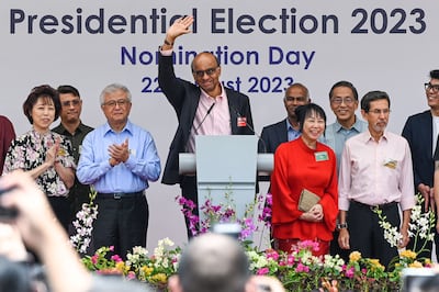 Presidential candidate Tharman Shanmugaratnam waves after a speech at the nomination centre for the presidential election in Singapore on August 22, 2023. AFP
