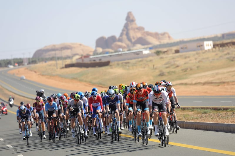 The pack rides during the fourth stage of the 2023 Saudi 