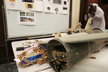 A drone captured from Houthi rebels in Yemen, decribed by officials as an Iranian Qasef drone, is displayed in Abu Dhabi on June 19, 2018. AP Photo