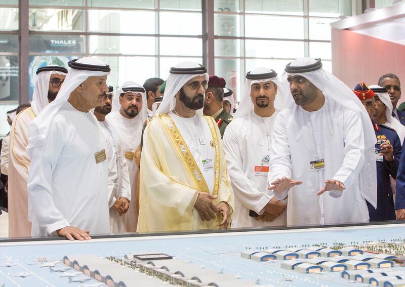 Dubai, United Arab Emirates- HH Sheikh Mohammed bin Rashid Al Maktoum Vice President and Ruler of Dubai visiting Sheikh Mohammed bin Rashid Aerospace hub at the Dubai Airshow 2019 at Maktoum Airport.  Leslie Pableo for the National