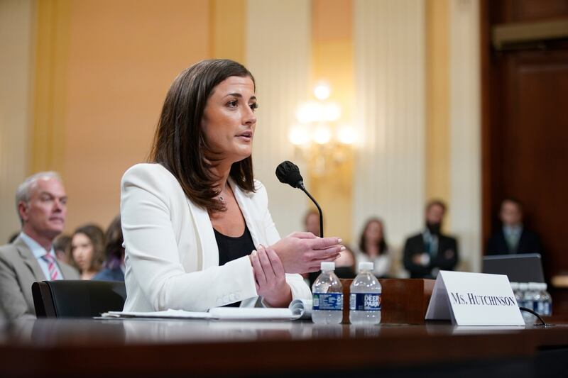 Cassidy Hutchinson, former aide to then-White House chief of staff Mark Meadows, speaks during the hearing in Washington. Bloomberg