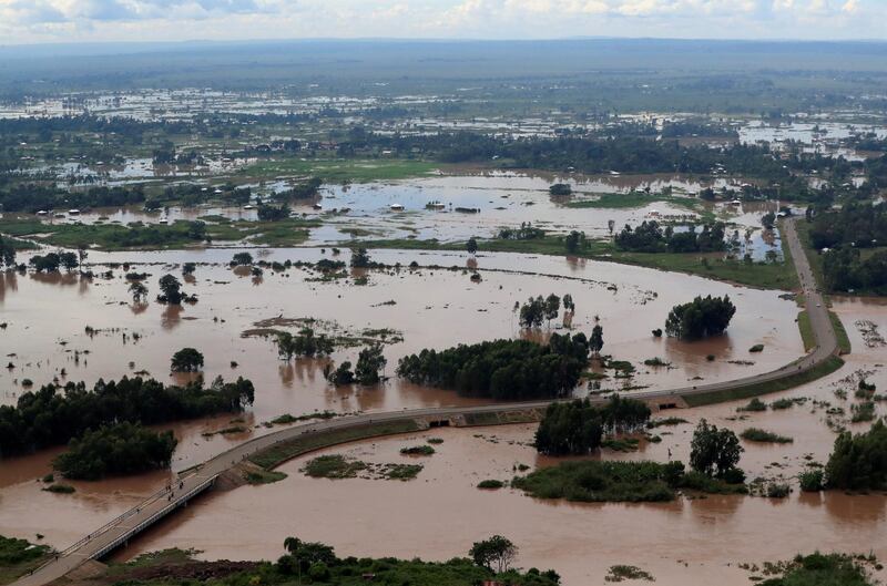 FILE PHOTO: An aerial view shows flood waters near the Sigiri bridge, after River Nzoia burst its banks and due to heavy rainfall and the backflow from Lake Victoria, in Budalangi within Busia County, Kenya May 3, 2020. REUTERS/Thomas Mukoya/File Photo