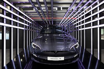 A Tesla Model S electric vehicle  at the Seoul Mobility Show in Goyang, South Korea. Bloomberg