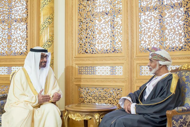Sheikh Mohammed bin Zayed, Crown Prince of Abu Dhabi and Deputy Supreme Commander of the UAE Armed Forces meets with Sultan Qaboos bin Said, Sultan of Oman during an official visit to Oman. Ryan Carter / Crown Prince Court - Abu Dhabi 