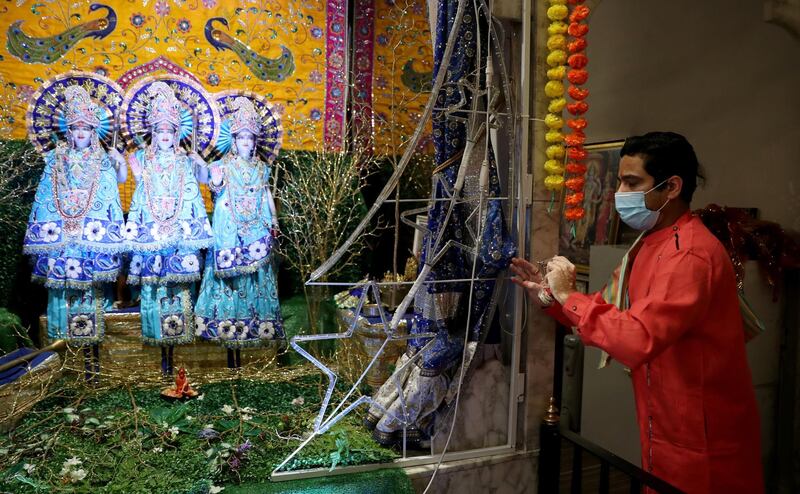 Priest Pandit Nayan Vyas prepares to perform a live stream Diwali Puja service from the Hindu Temple in Newcastle, Britain. Reuters