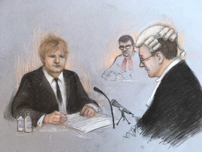 Sketch of Ed Sheeran in the High Court, London, by artist Elizabeth Cook 