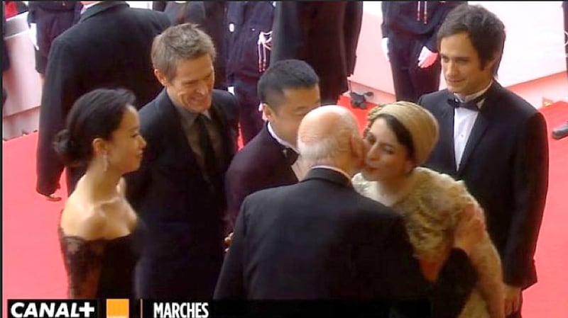 A video screen grab showing the Iranian actress Leila Hatami receiving a peck on the cheek from Gilles Jacob, the president of the Cannes Film festival. Courtesy Canal+