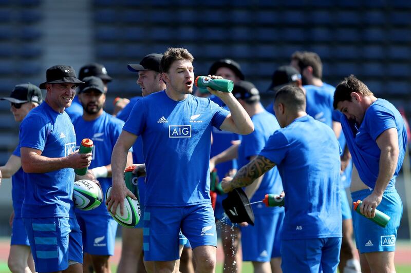 Beauden Barrett of the All Blacks cools down during a training session at Kashiwa no Ha Park Stadium in Kashiwa, Chiba, Japan. Getty Images