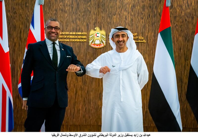 Sheikh Abdullah bin Zayed, Minister of Foreign Affairs and International Co-operation, held talks with James Cleverly, the UK's Minister for Middle East and North Africa, in Abu Dhabi. Courtesy: Wam