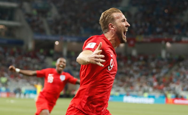 epa06819828 Harry Kane of England celebrates after scoring the winning goal during the FIFA World Cup 2018 group G preliminary round soccer match between Tunisia and England in Volgograd, Russia, 18 June 2018.

(RESTRICTIONS APPLY: Editorial Use Only, not used in association with any commercial entity - Images must not be used in any form of alert service or push service of any kind including via mobile alert services, downloads to mobile devices or MMS messaging - Images must appear as still images and must not emulate match action video footage - No alteration is made to, and no text or image is superimposed over, any published image which: (a) intentionally obscures or removes a sponsor identification image; or (b) adds or overlays the commercial identification of any third party which is not officially associated with the FIFA World Cup)  EPA/FRANCIS R. MALASIG   EDITORIAL USE ONLY