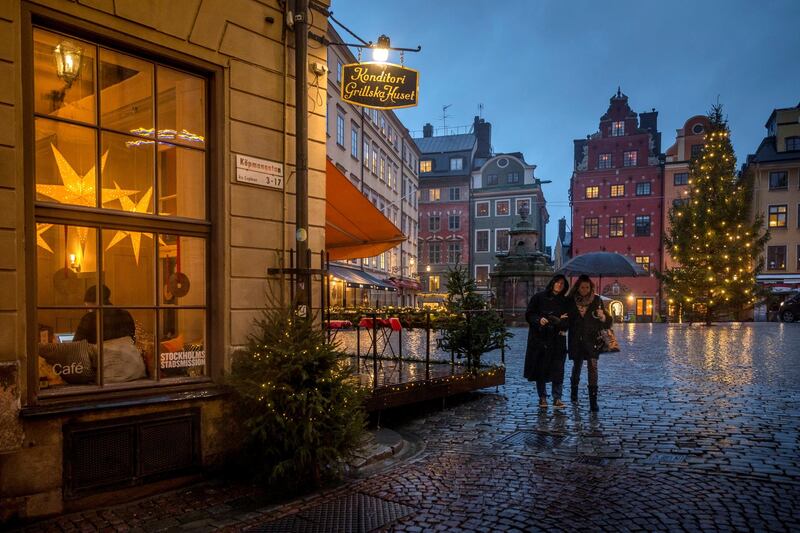 STOCKHOLM- SWEDEN - DECEMBER 4: At the Stortorget in the Old Town, the square is almost empty on December 4, 2020 in Stockholm, Sweden. Usually this time at year there is a Christmas market and the square is full of tourists. However, due to the new COVID-19 restrictions regarding avoiding large crowds, the Christmas market has been canceled for the first time since it started. Over 7,000 people have died of COVID-19 in Sweden, giving the country of 10.2 million one of Europe's highest death rates per capita. (Photo by Jonas Gratzer/Getty Images)