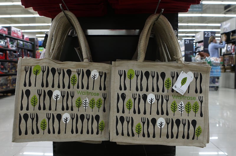 DUBAI , UNITED ARAB EMIRATES Ð Dec 22 : Reusable jute bags on display at the Waitrose supermarket in Dubai Mall in Dubai. ( Pawan Singh / The National ) For News. Story by Nadeem