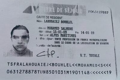 This ID card bearing the name of Mohamed Lahouaiej Bouhlel was reportedly found at the scene of the Nice truck massacre that killed at least 84 people.
Police are said to have found documents belonging to 31-year-old Mohamed Lahouaiej Bouhlel, a French man of Tunisian descent in the truck. He has been named as the man behind the deadly attacks.

<P>
Pictured: Mohamed Lahouaiej Bouhlel ID card
<B>Ref: SPL1319573  150716  </B><BR/>
Picture by: Splash News /phocalmedia.com<BR/>
</P><P>
<B>Splash News and Pictures</B><BR/>
Los Angeles:	310-821-2666<BR/>
New York:	212-619-2666<BR/>
London:	870-934-2666<BR/>
photodesk@splashnews.com<BR/>
</P> *** Local Caption *** World Rights fo16jl-nice-suspect02.jpg