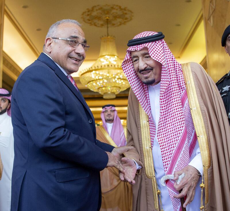 epa07512468 A handout photo made available by the Saudi Royal Palace shows Saudi King Salman bin Abdulaziz Al Saud (R) receiving Iraq's Prime Minister Adel Abdul Mahdi (L) in Riyadh, Saudi Arabia, 17 April 2019. Abdul Mahdi is visiting Saudi Arabia for the first time since assuming his post in October 2018.  EPA/BANDAR ALGALOUD HANDOUT  HANDOUT EDITORIAL USE ONLY/NO SALES