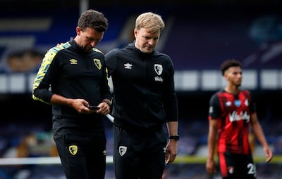 Bournemouth manager Eddie Howe (centre) walks off dejected after the Premier League match at Goodison Park, Liverpool. PA Photo. Picture date: Sunday July 26, 2020. See PA story SOCCER Everton. Photo credit should read: Clive Brunskill/NMC Pool/PA Wire. RESTRICTIONS: EDITORIAL USE ONLY No use with unauthorised audio, video, data, fixture lists, club/league logos or "live" services. Online in-match use limited to 120 images, no video emulation. No use in betting, games or single club/league/player publications.