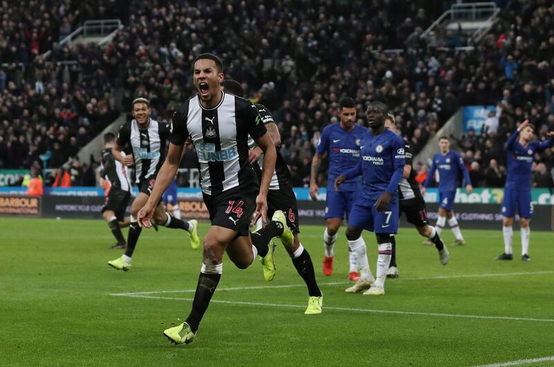 Newcastle United's Isaac Hayden celebrates scoring a late winner against Chelsea. Reuters