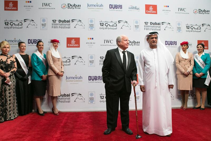 DUBAI, UNITED ARAB EMIRATES, 9 DEC 2015. Actor Richard Dreyfuss and DIFF Chairman Abdulhamid Juma attend the Opening Night Gala of 'Room' during day one of the 12th annual Dubai International Film Festival held at the Madinat Jumeriah, Photo: Reem Mohammed/ The National (Reporter: Jessica Hill / Section: NA) ID: 57313 *** Local Caption ***  RM_20151209_DIFF_029.JPG