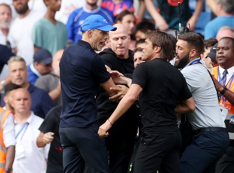 Chelsea manager Thomas Tuchel clashes with Tottenham's Antonio Conte after the 2-2 Premier League draw at Stamford Bridge on August 14. Action Images