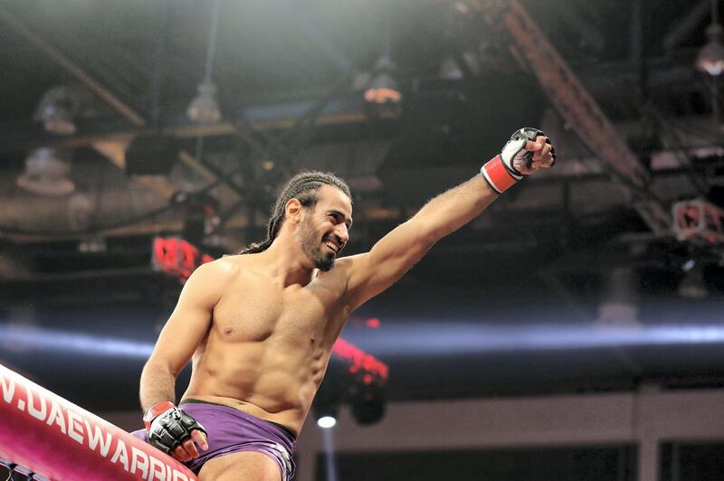 Abu Dhabi, United Arab Emirates - November 29th, 2019: Ahmed Labban celebrates his win against Magomedsultan Magomedsultanov in the welterweight division during the UAE Warriors event. Friday, November 29th, 2019, Mubadala Arena, Abu Dhabi. Chris Whiteoak / The National