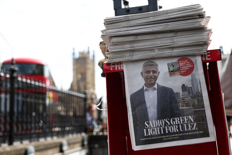 A newspaper in London picturing Mr Khan on its front page after a ruling in favour of extending the Ultra-Low Emission Zone (Ulez). AFP