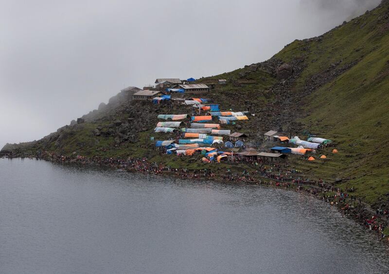 Pilgrims pitch tents around the Gosaikunda Lake. Narendra Shrestha/EPA