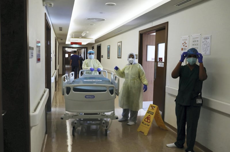 DUBAI, UNITED ARAB EMIRATES , April 26– 2020 :- Medical staff working in the ICU ward at the Prime Hospital on airport road in Al Garhoud in Dubai . (Pawan Singh / The National) For News/Standalone/Online/Instagram/Stock.  Story by Nick Webster