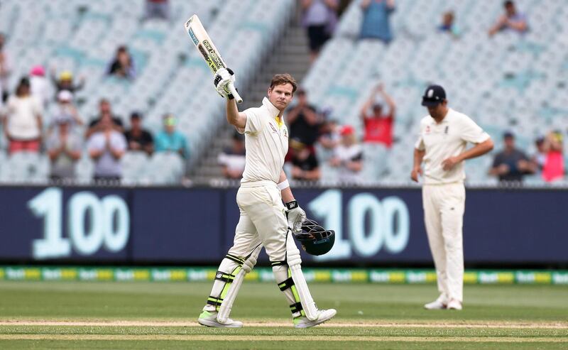 epa06409895 Steve Smith of Australia raises his bat to celebrates his century on Day Five of the Boxing Day test match between Australia and England at the Melbourne Cricket Ground (MCG) in Melbourne, Victoria, Australia, 30 December 2017.  EPA/GEORGE SALPIGTIDIS -- EDITORIAL USE ONLY, IMAGES TO BE USED FOR NEWS REPORTING PURPOSES ONLY, NO COMMERCIAL USE WHATSOEVER, NO USE IN BOOKS WITHOUT PRIOR WRITTEN CONSENT FROM AAP -- AUSTRALIA AND NEW ZEALAND OUT