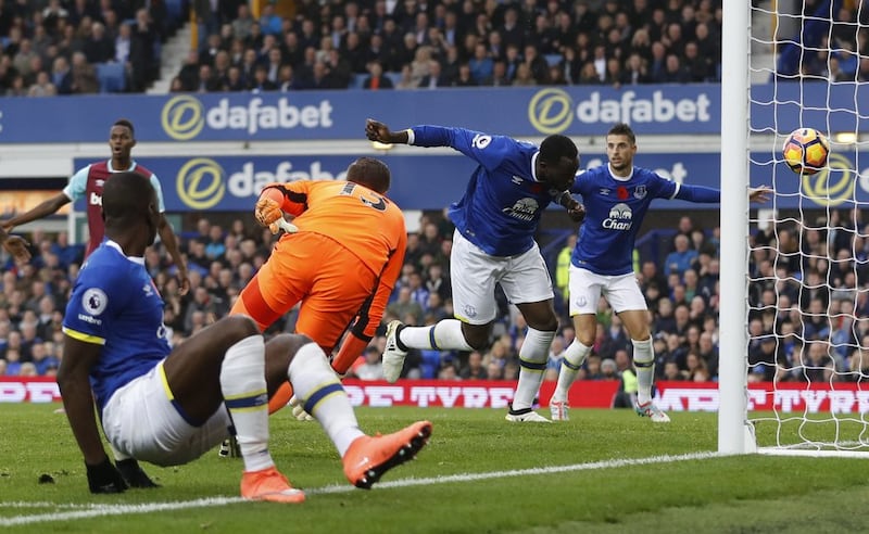 Everton’s Romelu Lukaku scores against Aston Villa in the Premier League. Reuters