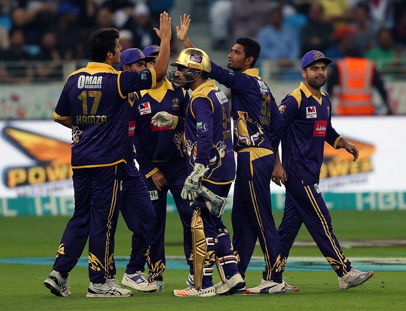 Dubai, 23, February, 2017: ( Second from Right ) Mahmudullah Riaz of Quetta Gladiators celebrates with his teamates after dimissing Babar Azam of  Karachi Kings  at the PSL match at the  Dubai International Cricket Stadium in Dubai. ( Satish Kumar / The National ) 
ID No: 77181
Section: Sports
Reporter: Paul Radley *** Local Caption ***  SK-PSL-23022017-010.jpg