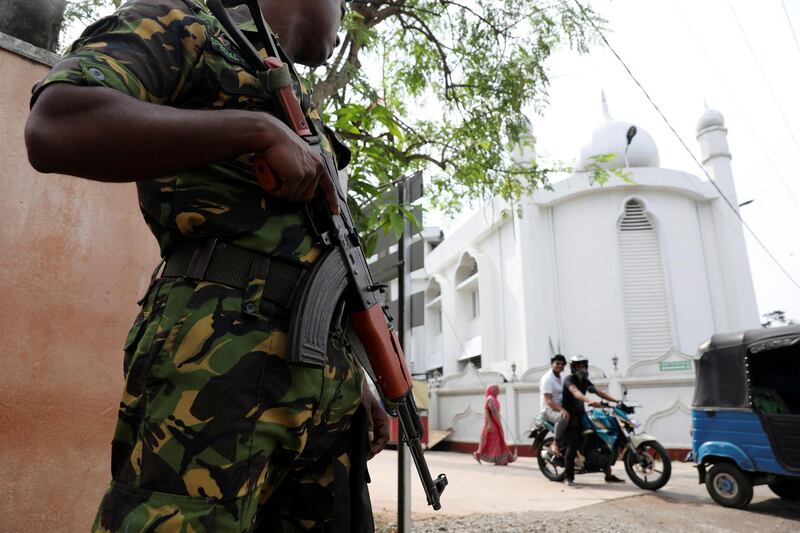 A soldier stands guard outside the Grand Mosque in Negombo. Reuters