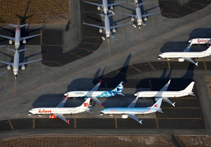 An aerial photo shows Boeing 737 MAX aircraft, including Lion Air, NordStar and Neos-branded airplanes at Boeing facilities at the Grant County International Airport in Moses Lake, Washington, September 16, 2019. REUTERS/Lindsey Wasson